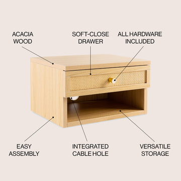 Celerie 15.71" Mid-Century Modern Floating Wall Mounted Nightstand with Soft-Close Rattan Drawer and Cable Hole - JONATHAN Y